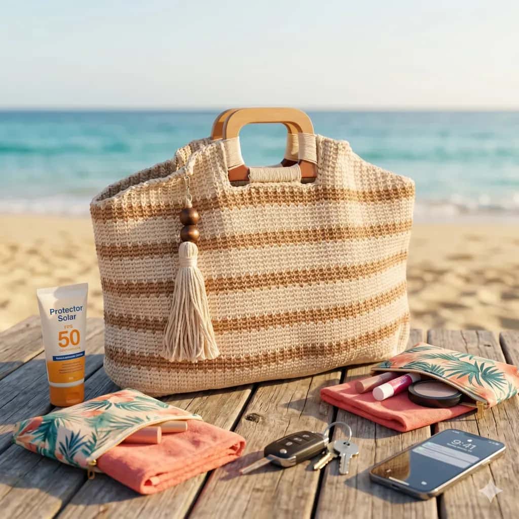 Crochet Beach Bag with Wooden Handles