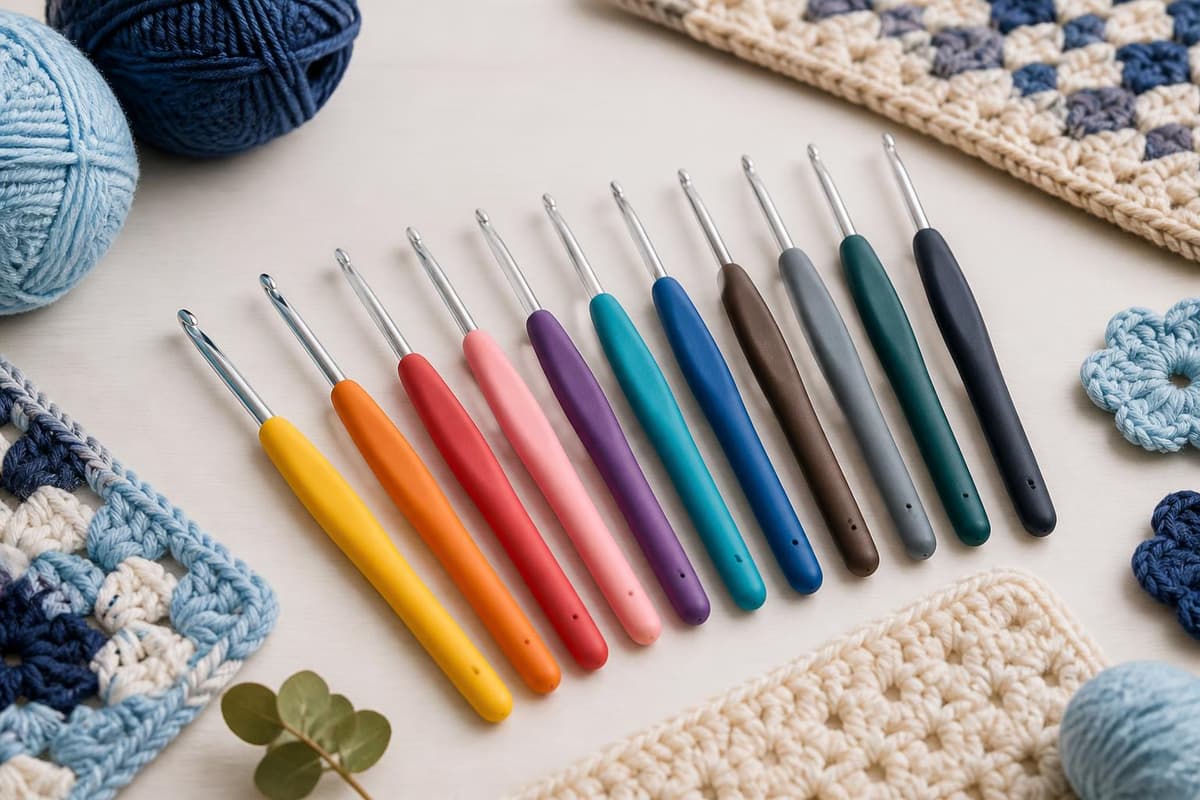 Diferentes tipos de agujas de crochet en una mesa
