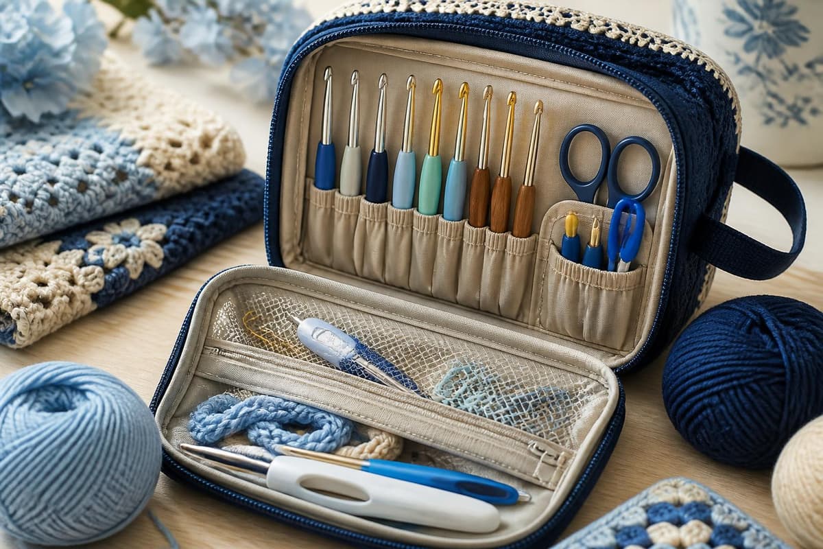 Herramientas de crochet organizadas en una bolsa